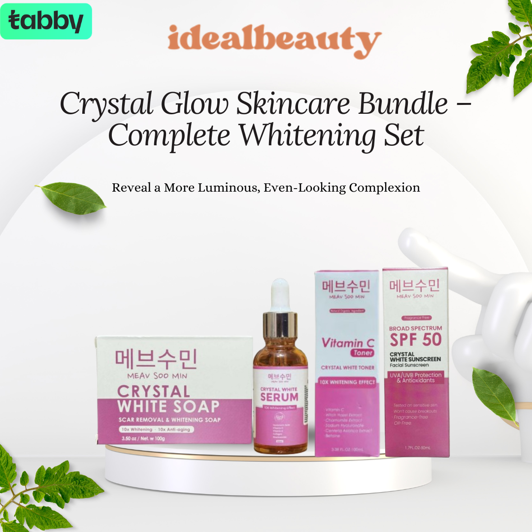 Crystal Glow Skincare Bundle complete whitening set with crystal soap serum vitamin C toner and SPF50 sunscreen