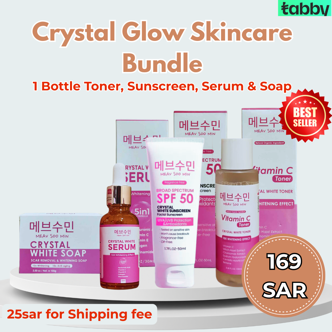 crystal glow skincare bundle with serum sunscreen toner and soap for clear bright skin smooth texture hydration and daily protection