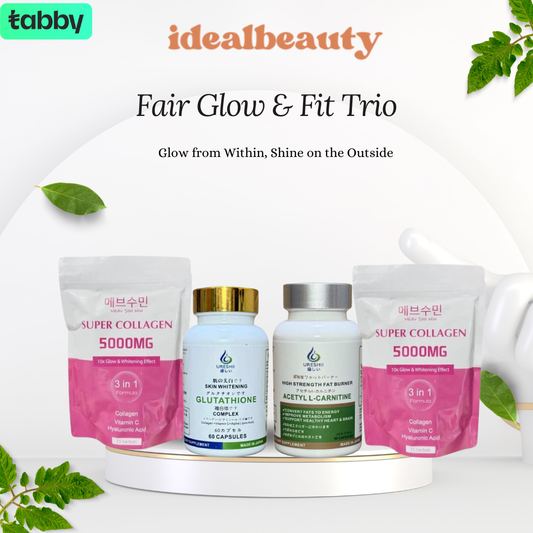 Fair Glow and Fit Trio bundle with glutathione complex acetyl l carnitine and collagen for skin wellness and weight management support