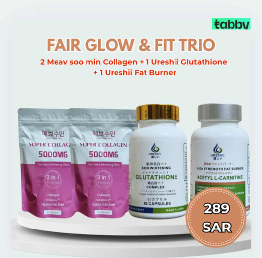 fairglow fit trio with glutathione collagen and l carnitine for brighter skin smoother texture hydration and daily energy support