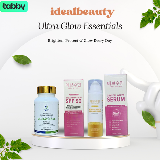 Ultra Glow Essentials bundle featuring glutathione complex crystal white serum and SPF50 sunscreen for daily skincare support